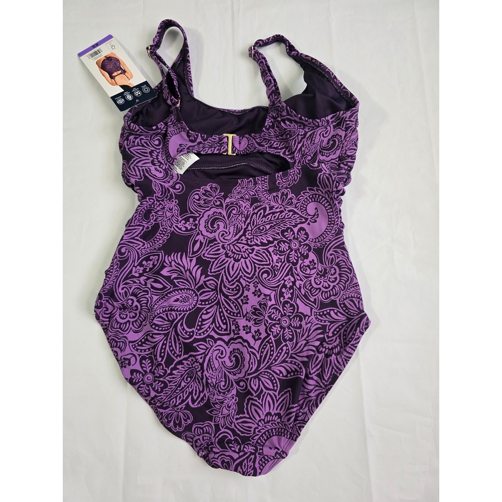 LandsEnd Purple Paisley One Piece Swimsuit UPF50 Ruched Hook Back XS 1956311 NWT - Picture 9 of 16